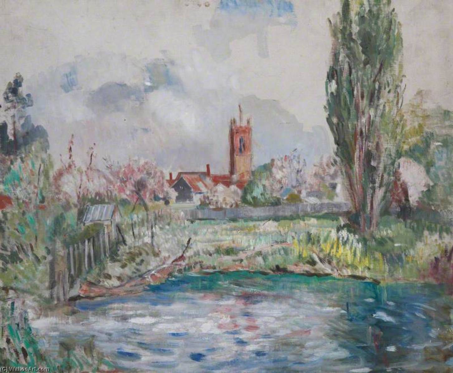 View Over A Pond To A Church In Background — Alan Francis Clutton Brock