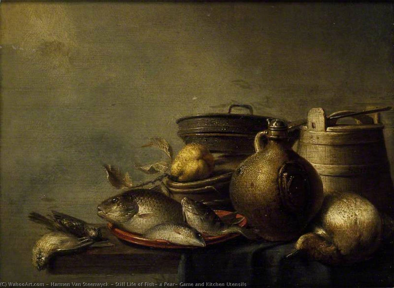 Still Life Of Fish, A Pear, Game And Kitchen Utensils — Harmen Van Steenwyck