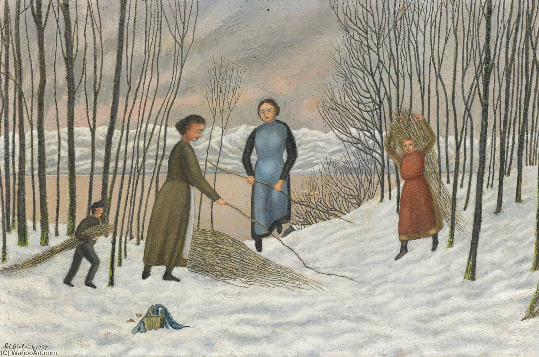 Frauen Und Kinder, Holz Sammelnd Im Schnee, 1937 — Adolf Dietrich