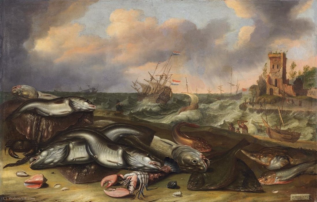 Fish Still Life With Stormy Seas — Abraham Willaerts
