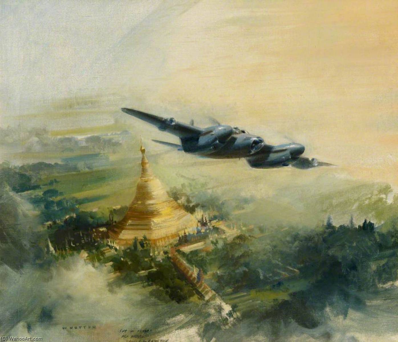 Pr (photo Reconnaissance) Mosquito Of 684 Squadron Over The Shwedagon Pagoda, Rangoon — Frank Wootton