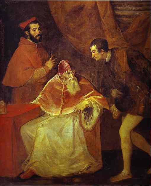 Pope Paul Iii And His Grandsons Ottavio And Cardinal Alessandro Farnese — Titian