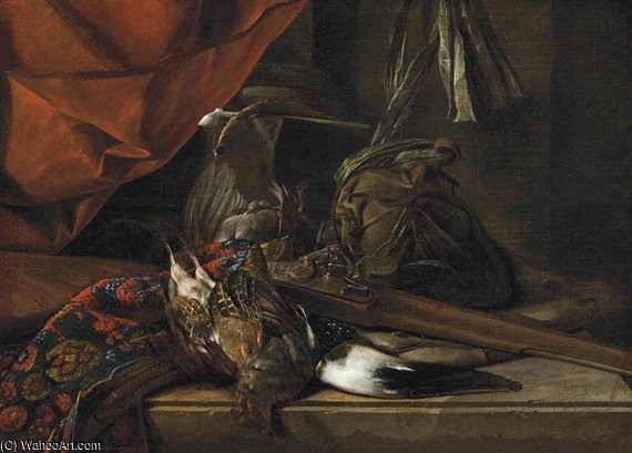 A Partridge, A Hunting Horn, A Musket And Game Bags On A Partly Draped Stone Ledge — Cornelis Van Lelienbergh