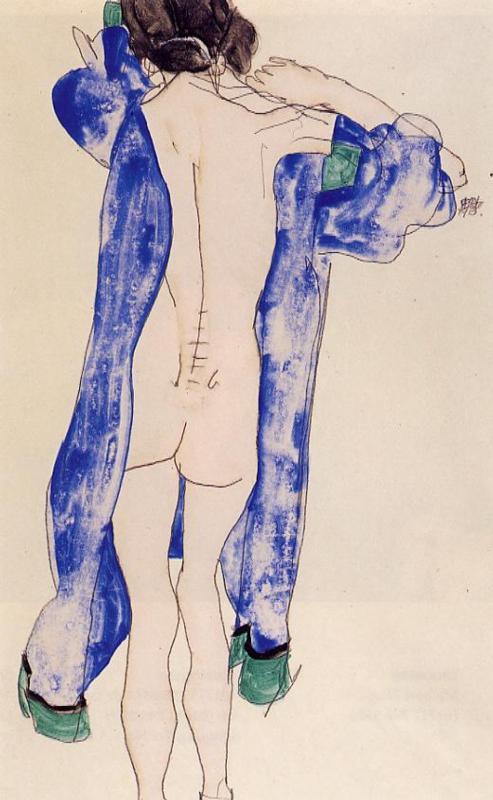 Staiding Female Nude In A Blue Robe — Egon Schiele