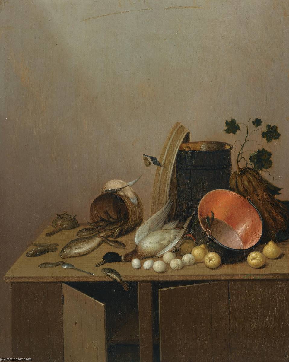 Still Life With A Dead Duck, Fish, Pears, Eggs, A Copper Pot And Other Objects, All Arranged On A Kitchen Cabinet — Gerrit Van Vucht