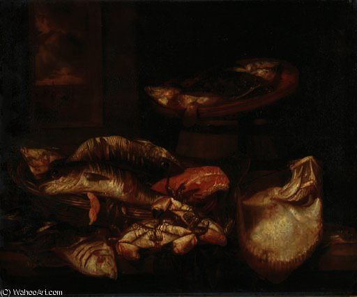 A Ray, A Salmon Steak, Crabs And Other Fish In A Basket On A Wooden Ledge Before A Window — Abraham Hendricksz. Van Beyeren