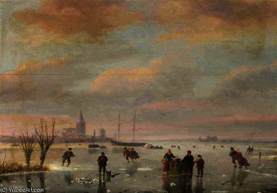 A Winter Landscape With Figures Skating — Nicolaas Johannes Roosenboom