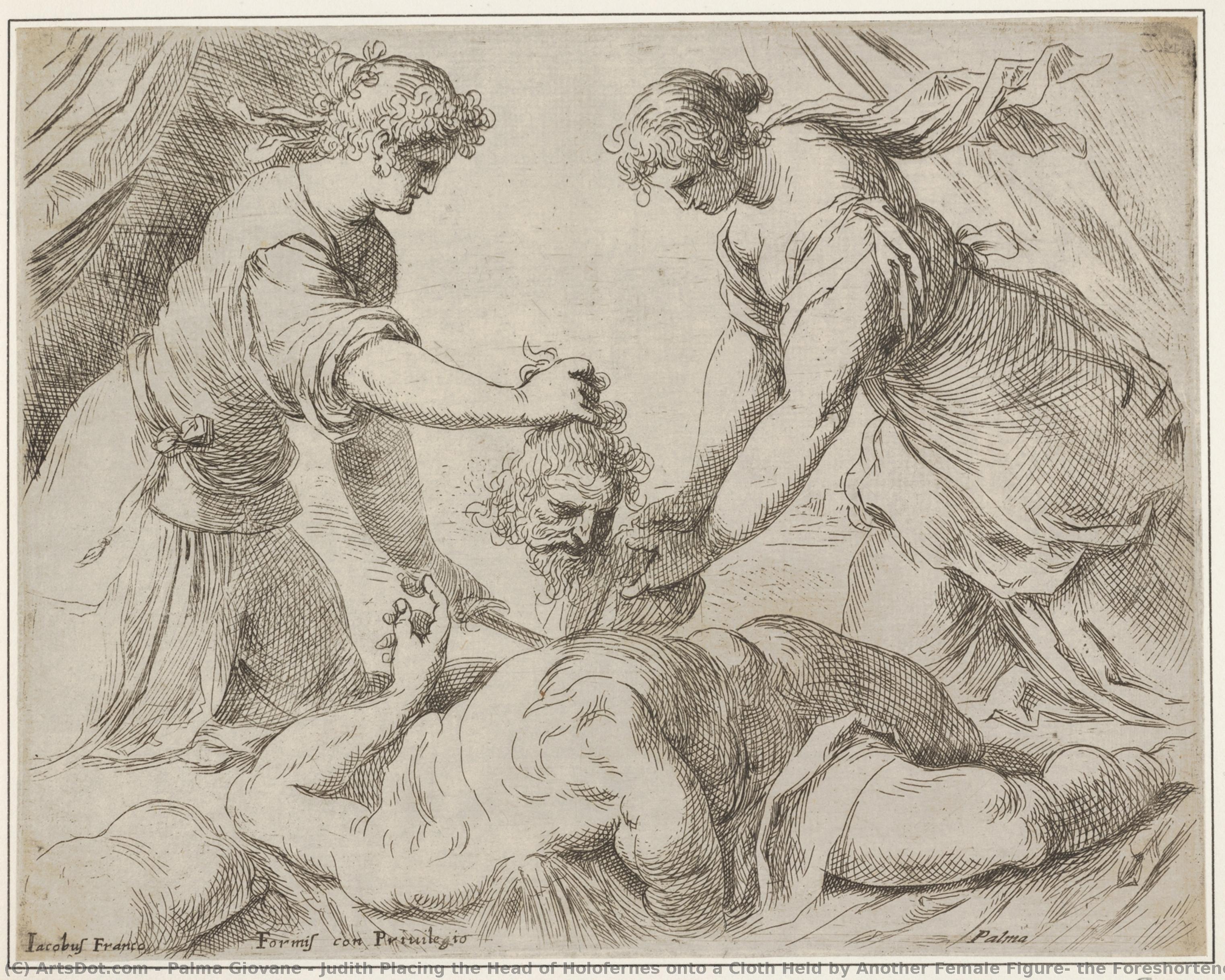 Judith Placing The Head Of Holofernes Onto A Cloth Held By Another Female Figure, The Foreshortened Body Of Holofernes Gushes With Blood From The Neck — Jacopo Palma Il Giovane