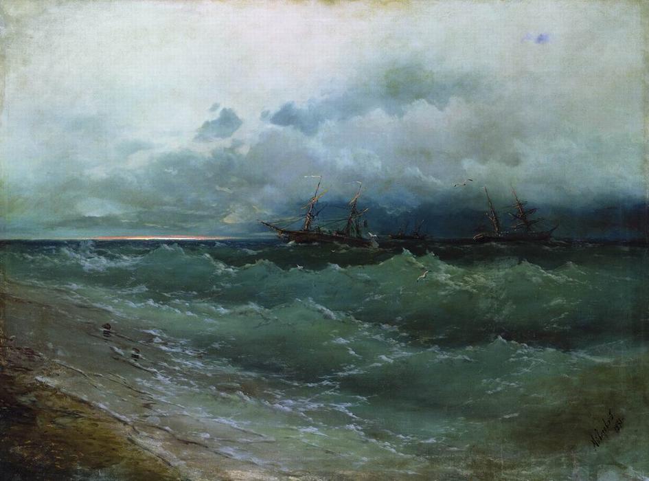 Ships In The Stormy Sea. Sunrise — Ivan Konstantinovich Aivazovsky