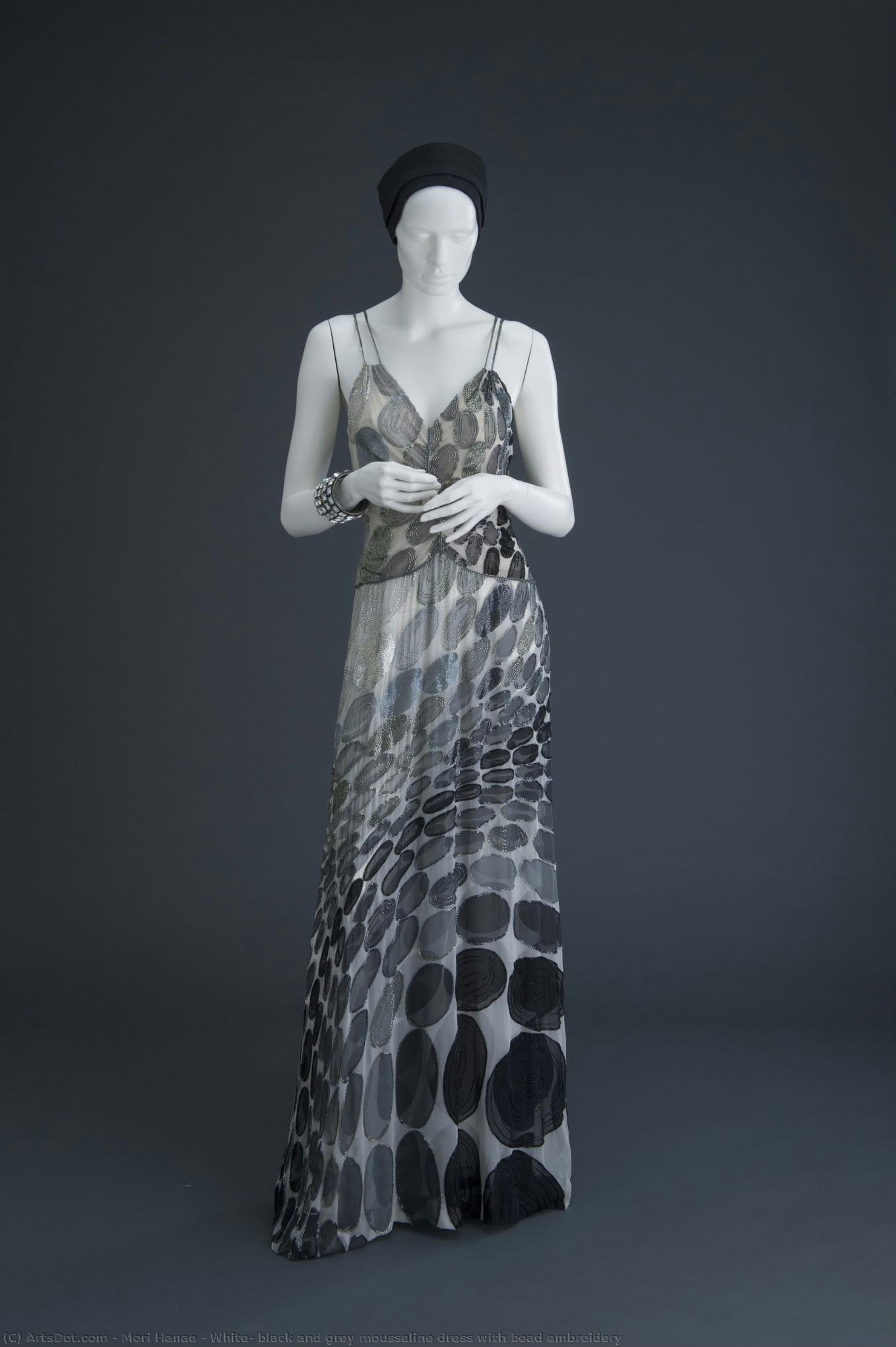 White, Black And Grey Mousseline Dress With Bead Embroidery — Mori Hanae