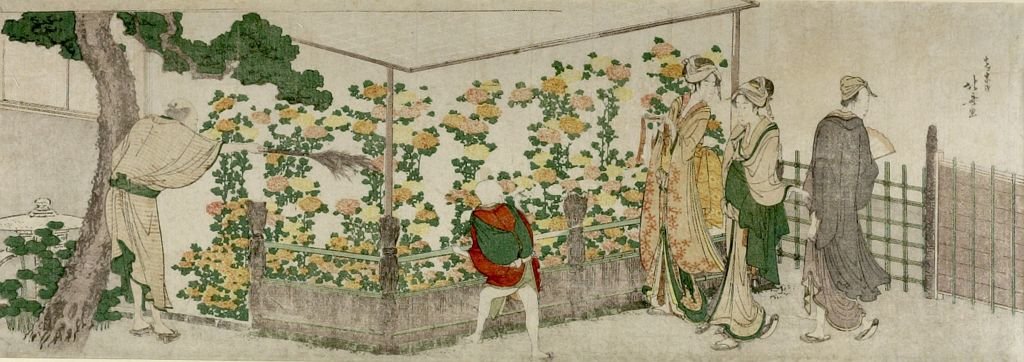 People Viewing Chrysanthemum Exhibit — Katsushika Hokusai