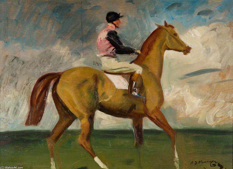 A Chestnut Racehorse With Jockey Up In A Landscape — Sir Alfred James Munnings