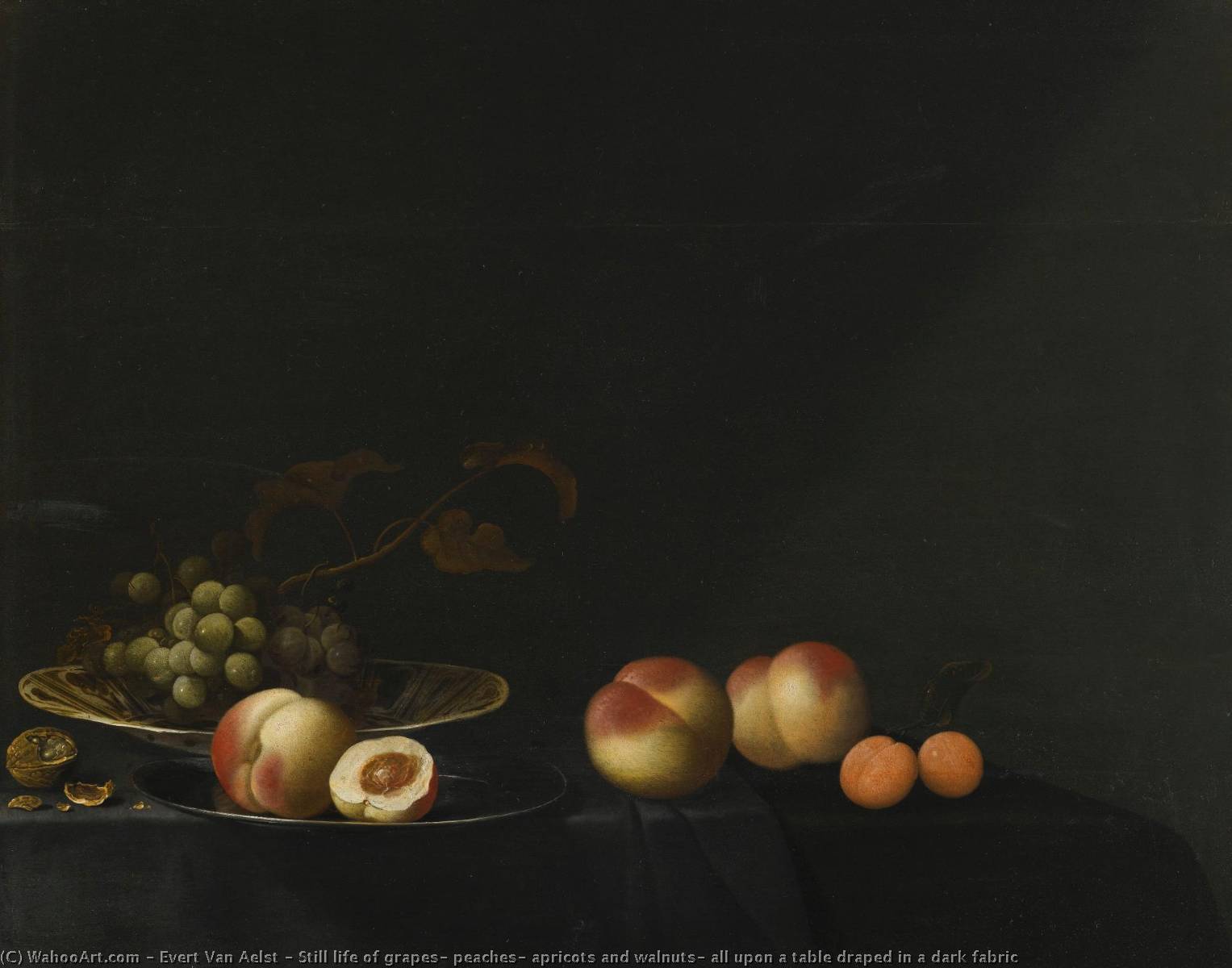 Still Life Of Grapes, Peaches, Apricots And Walnuts, All Upon A Table Draped In A Dark Fabric — Evert Van Aelst