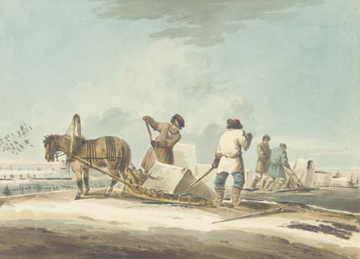 Un Paysage Avec Deux Russes Déchargant Un Bloc De Glace D'un Traineau, Deux Autres Chariant Des Blocs De Glace — Carl Ivanovitch Kollmann