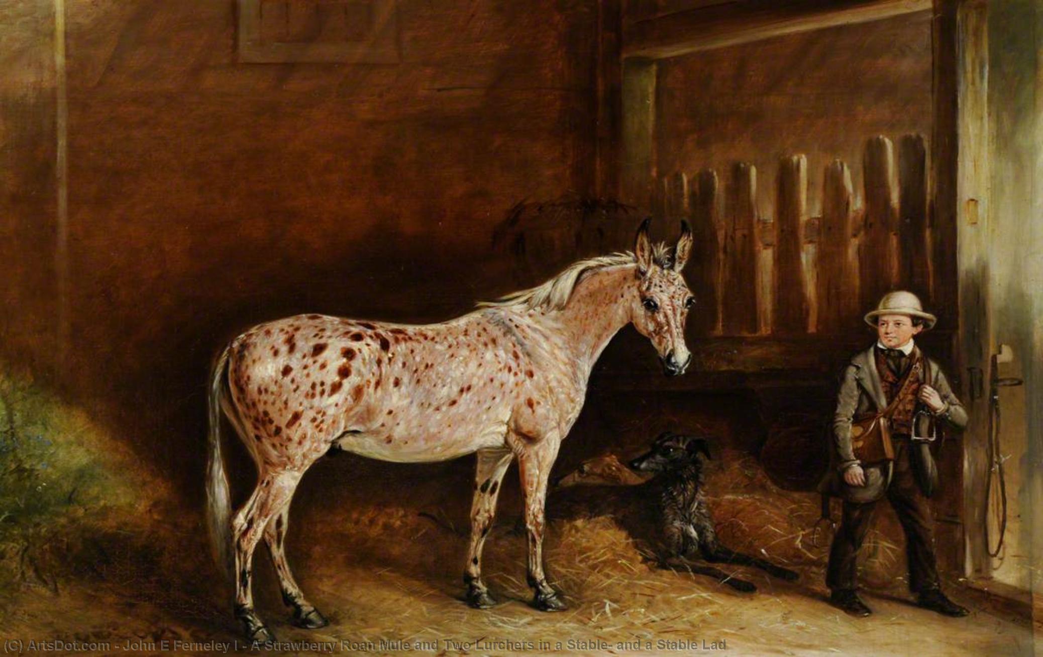 A Strawberry Roan Mule And Two Lurchers In A Stable, And A Stable Lad — Sr John E. Ferneley