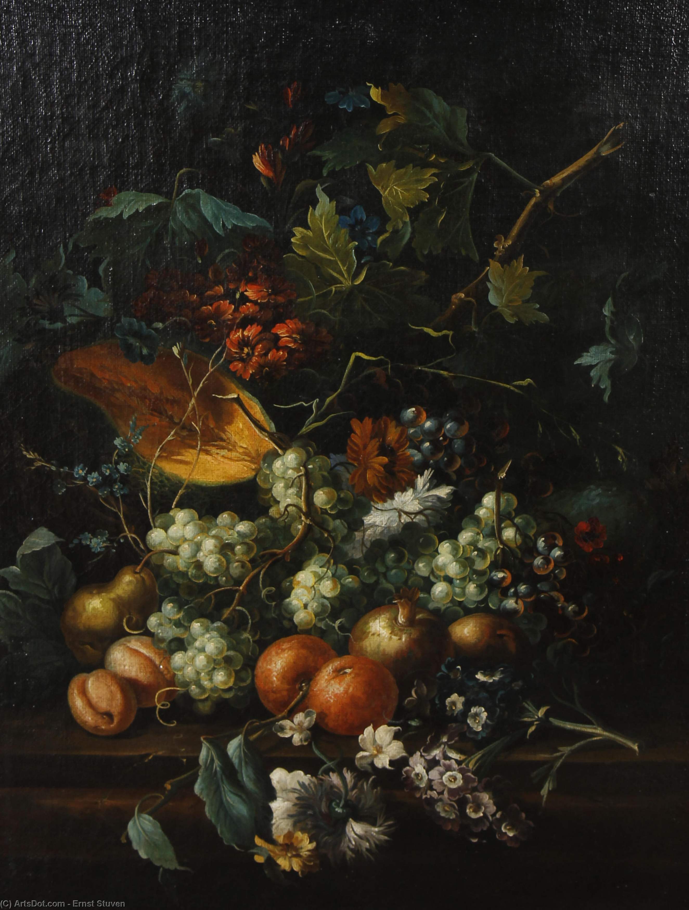 Still Life Of Grapes, A Pumpkin, Pomegranates, Primroses And Other Flowers On A Table Ledge — Ernst Stuven