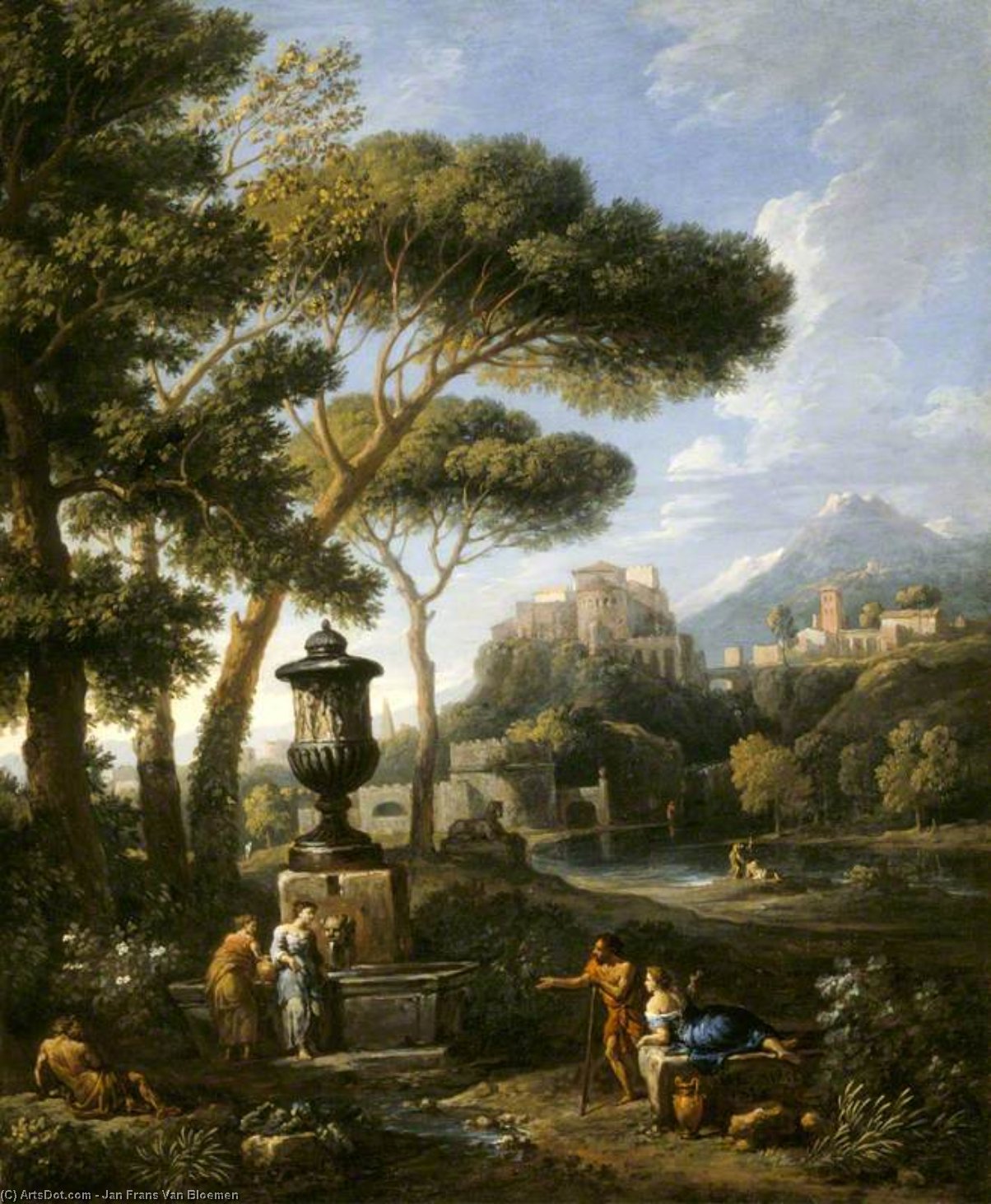 A Classical Landscape With Five Figures Conversing By A Fountain Topped By A Figured Urn — ヤン・フランツ・ファン・ブルーメン