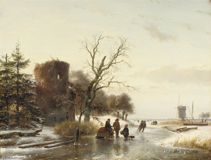 On The Ice Near A Ruin — Andreas Schelfhout