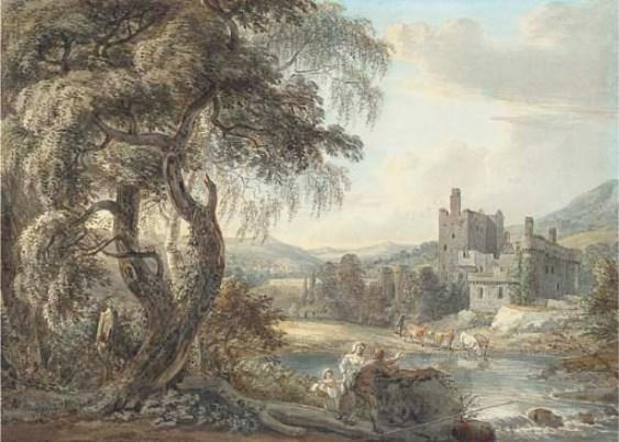 A Wooded River Landscape With Figures And Cattle, A Castle Beyond — Paul Sandby