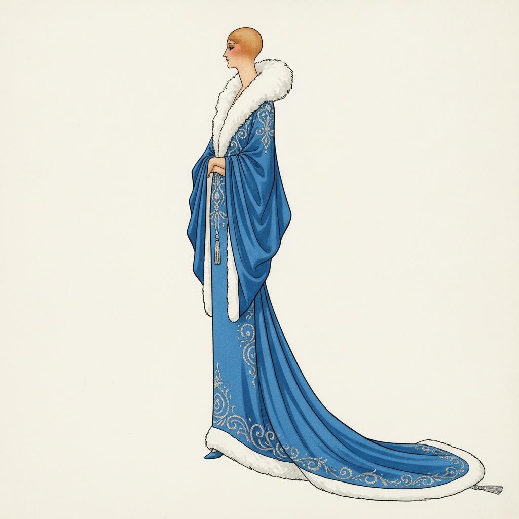 Vestido Cerúleo Con Bordado Dorado Y Ribete De Piel Blanca — Valentin Laurent De Courcey