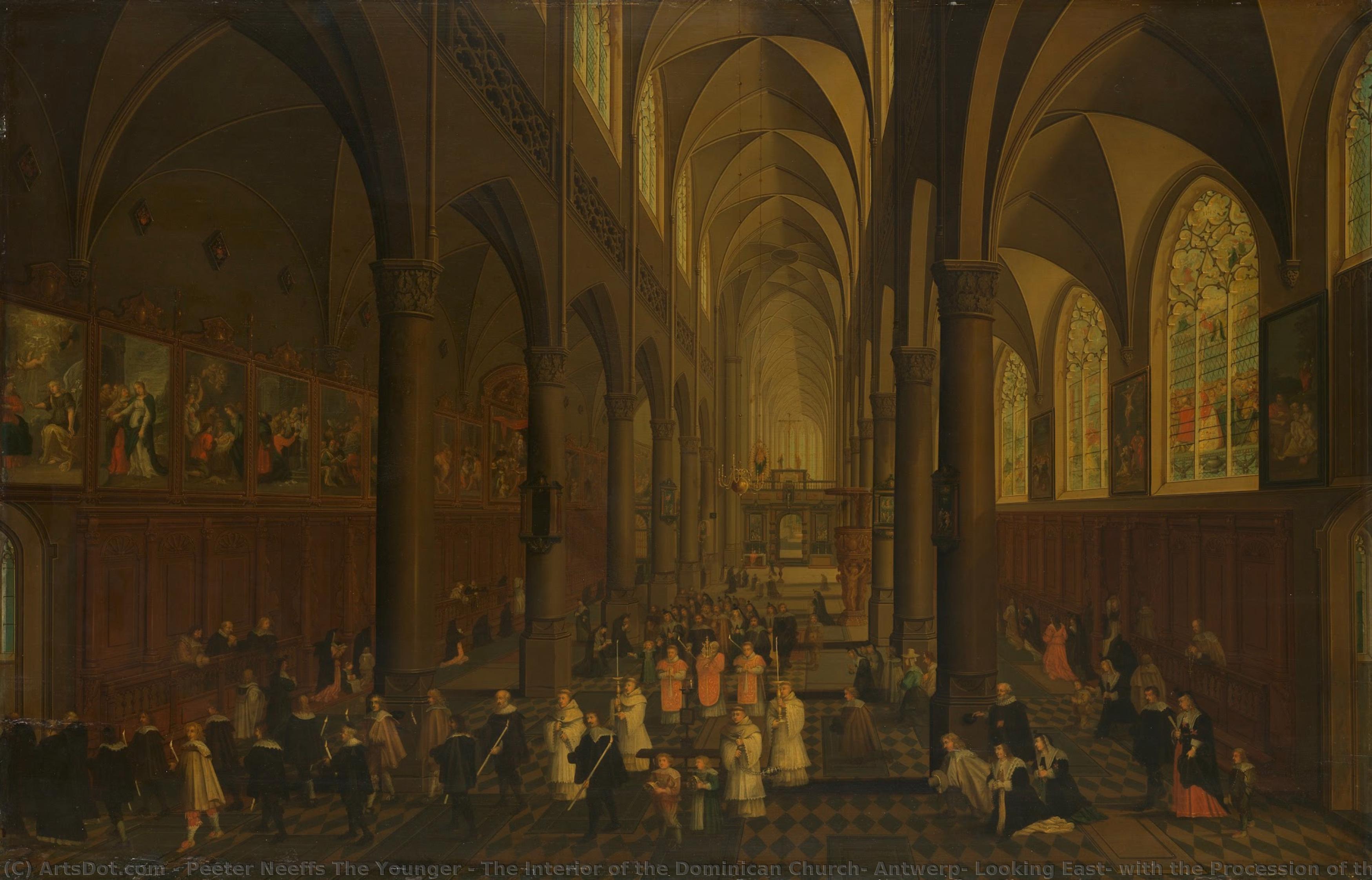 The Interior Of The Dominican Church, Antwerp, Looking East, With The Procession Of The Holy Sacrament, Peeter Neeffs (i), 1636 — Peeter The Younger Neeffs