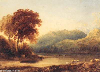 A Herder With Cattle At The Edge Of A Lake In A Mountainous Landscape — Anthony Vandyke Copley Fielding