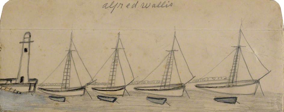 Lighthouse, Four Moored Sail Boats And Rowing Boats — Alfred Wallis