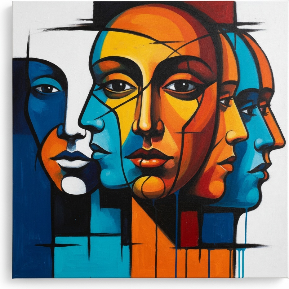 Triptych Echoes: Interlocking Planes Of Cyan, Orange, And Monumental Gaze — Christian Noiret