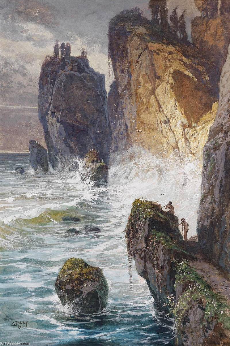 Mythological Scene With Fauns On A Rocky Coast — Georg Janny