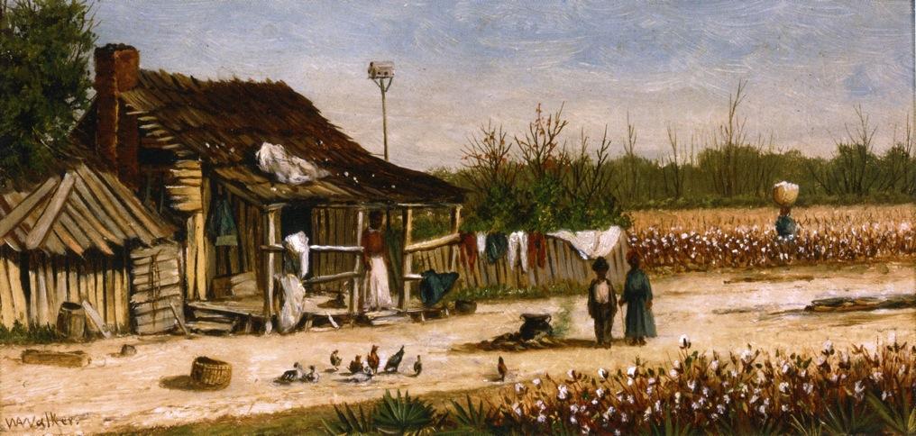 Cabin Scene With Birdhouse, Chickens And Cotton Picker Carrying Basket Of Cotton — William Aiken Walker
