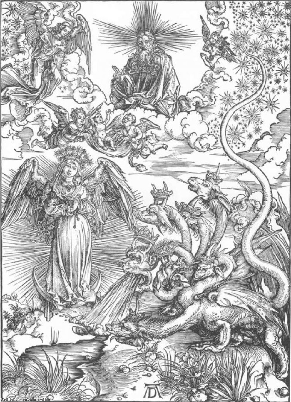 Die Offenbarung Des Heiligen Johannes: 10. Die Mit Der Sonne Bekleidete Frau Und Der Siebenköpfige Drache — Albrecht Dürer