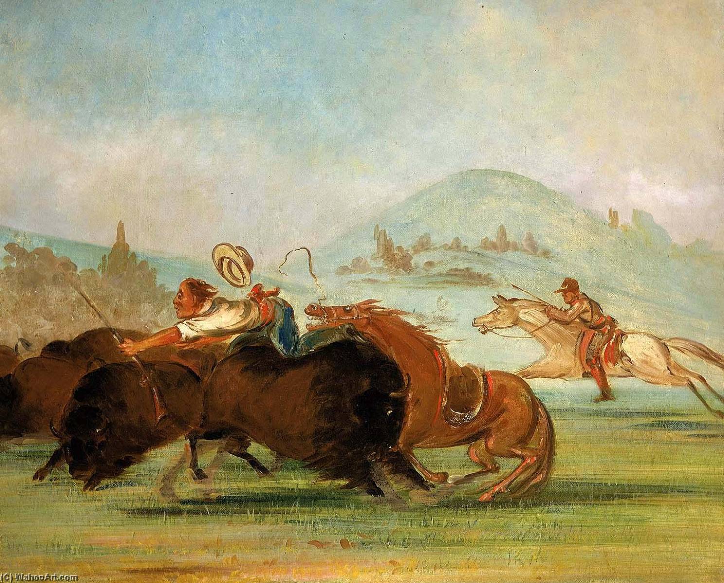 Batiste And I Running Buffalo, Mouth Of The Yellowstone — George Catlin