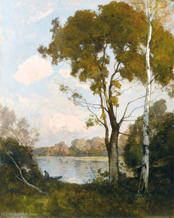 Boat At Sunset, Two Large Trees Right — Paul Lecomte