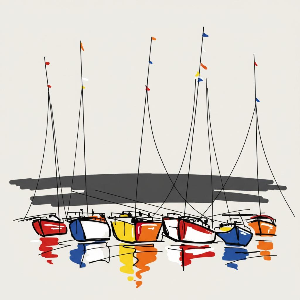 Serene Rhythms Of Anchored Vessels In A Minimalist Primary Color Harbor — Yann Lambert