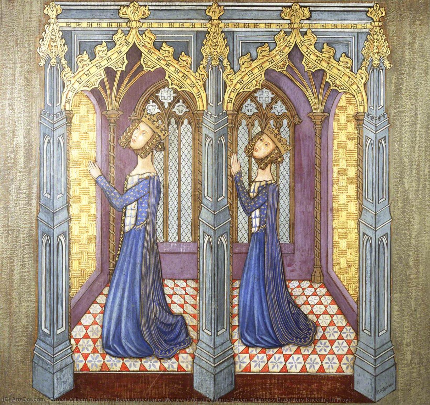 Reconstruction Of Medieval Mural Painting, Queen Philippa's Daughters Kneeling In Prayer — Ernest William Tristram