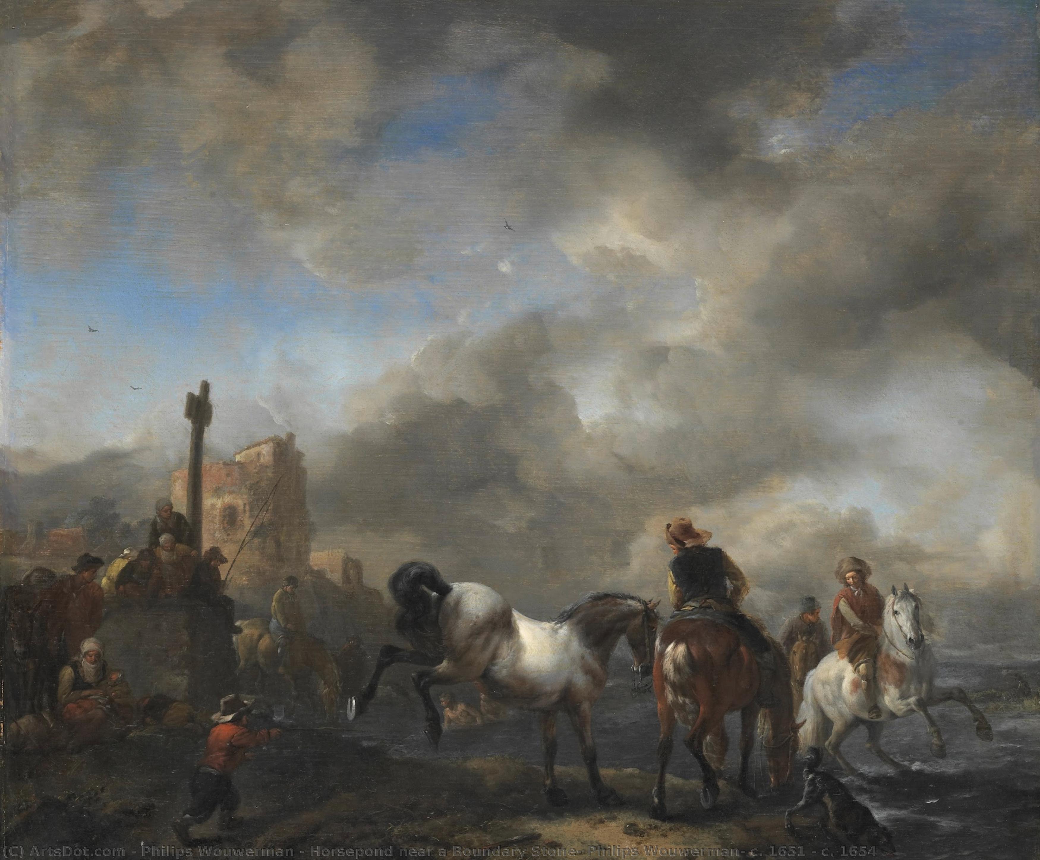 Horsepond Near A Boundary Stone, Philips Wouwerman, C. 1651 - C. 1654 — Philips Wouwerman