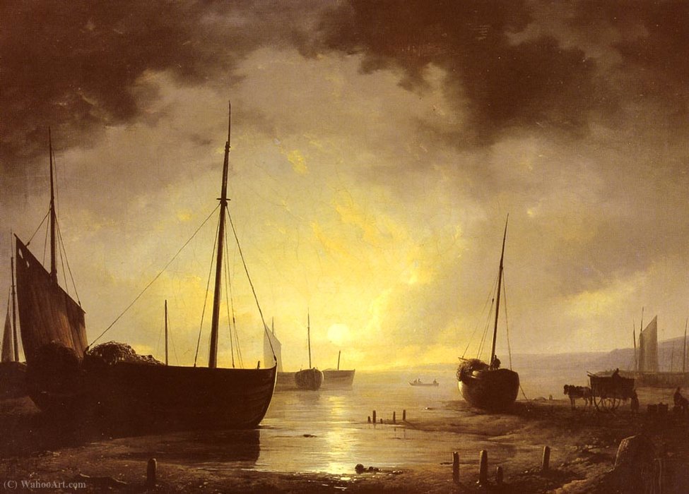 Adrianus Van Beached Fishing Boats By Moonilight — Remigius Van Haanen