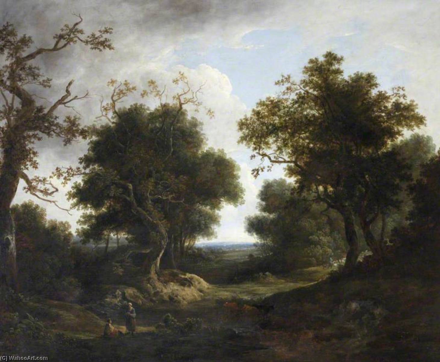 Wooded Landscape With Cattle, Sheep And Peasant Figures By A River — Benjamin Barker Ii