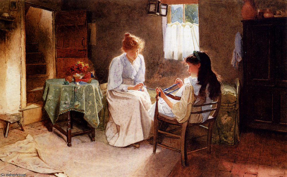 Two Girls In An Interior Winding A Skein Of Wool — Carlton Alfred Smith