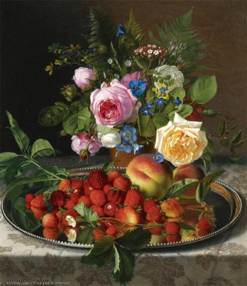 Still Life With Roses And Strawberries On A Silver Salver (also Known As Natures Rewards) — Otto Didrik Ottesen