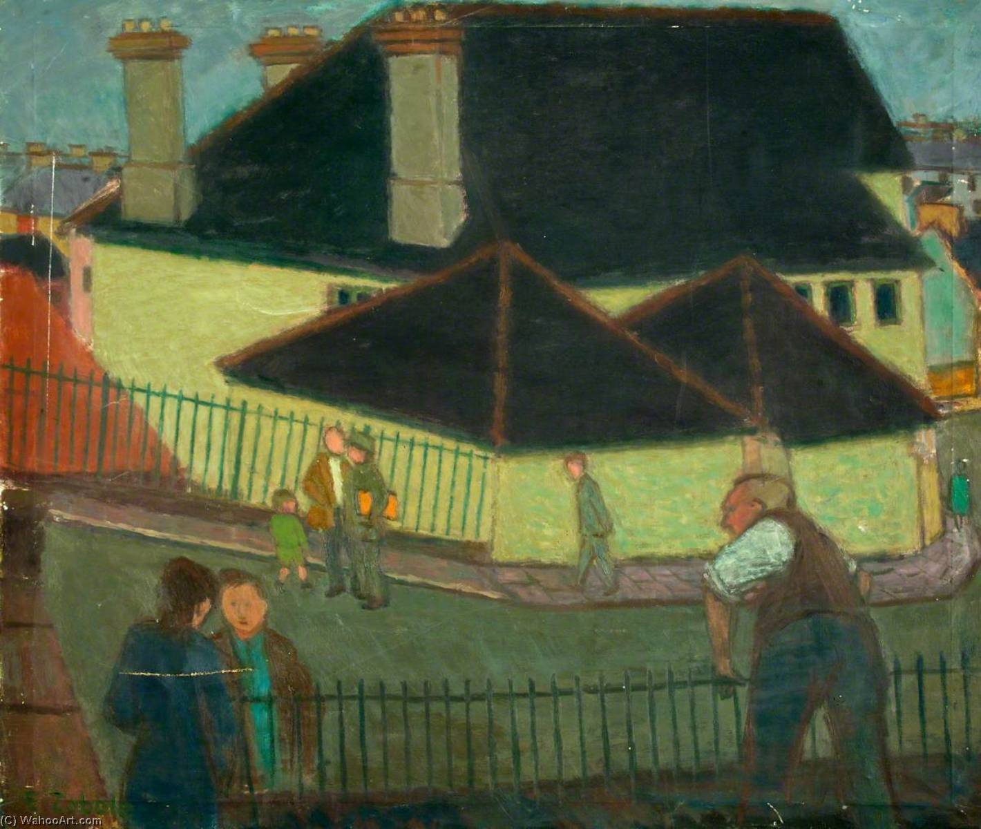 Figures Beside Railings In A Street, Ystrad, C.1948–1950 — Ernest Zobole