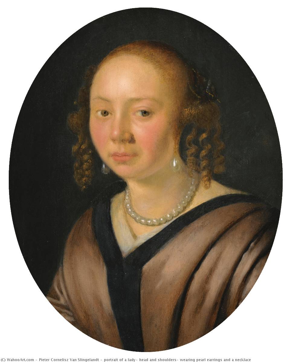 Portrait Of A Lady, Head And Shoulders, Wearing Pearl Earrings And A Necklace — Pieter Cornelisz. Van Slingelandt