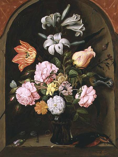 A Still Life Of Flowers In A Vase And A Kingfisher On A Ledge — Jan Baptist Van Fornenburgh