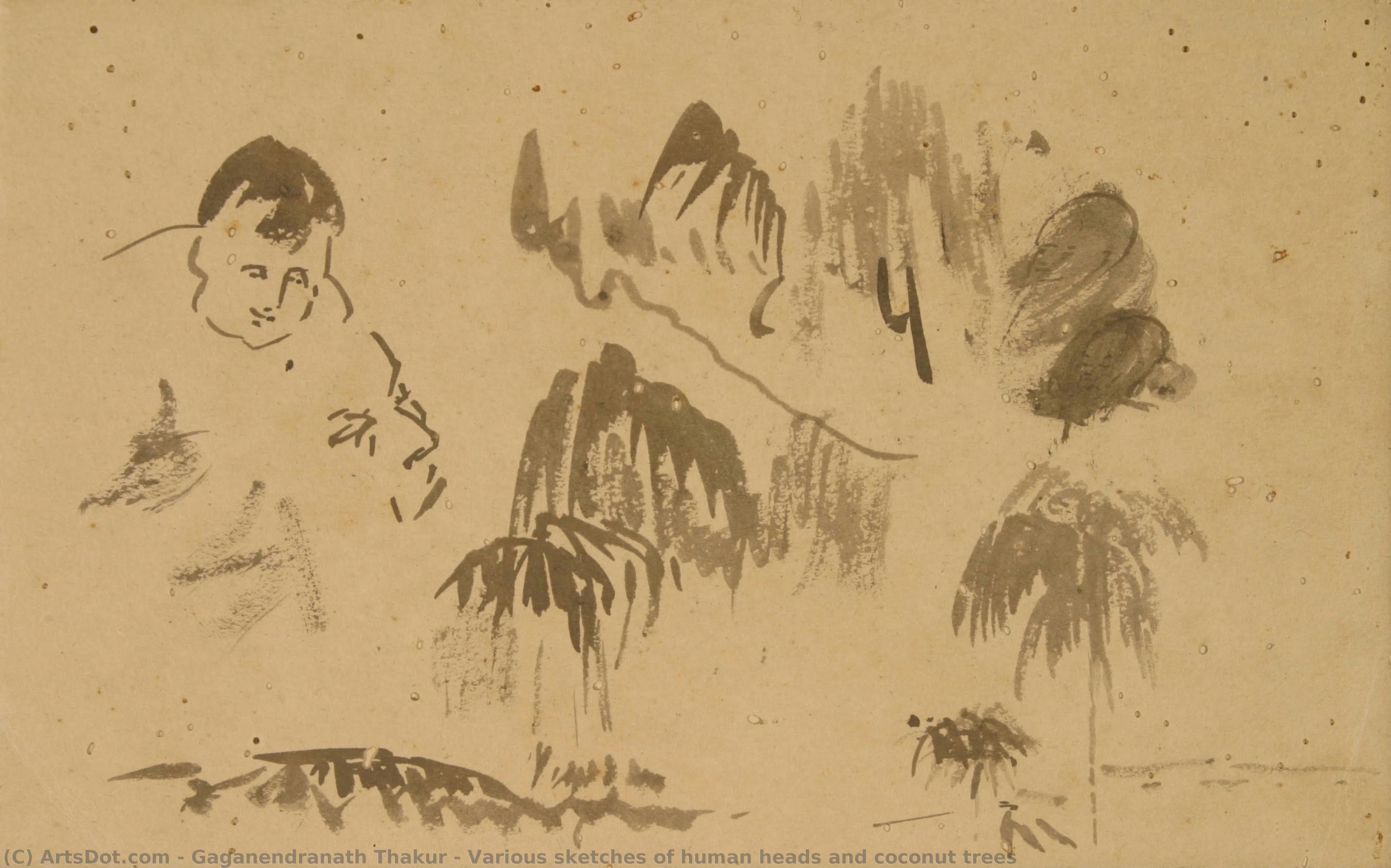 Various Sketches Of Human Heads And Coconut Trees — Gaganendranath Thakur
