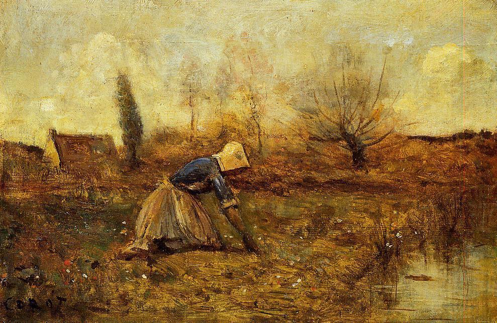 Farmer Kneeling Picking Dandelions — Jean-baptiste-camille Corot