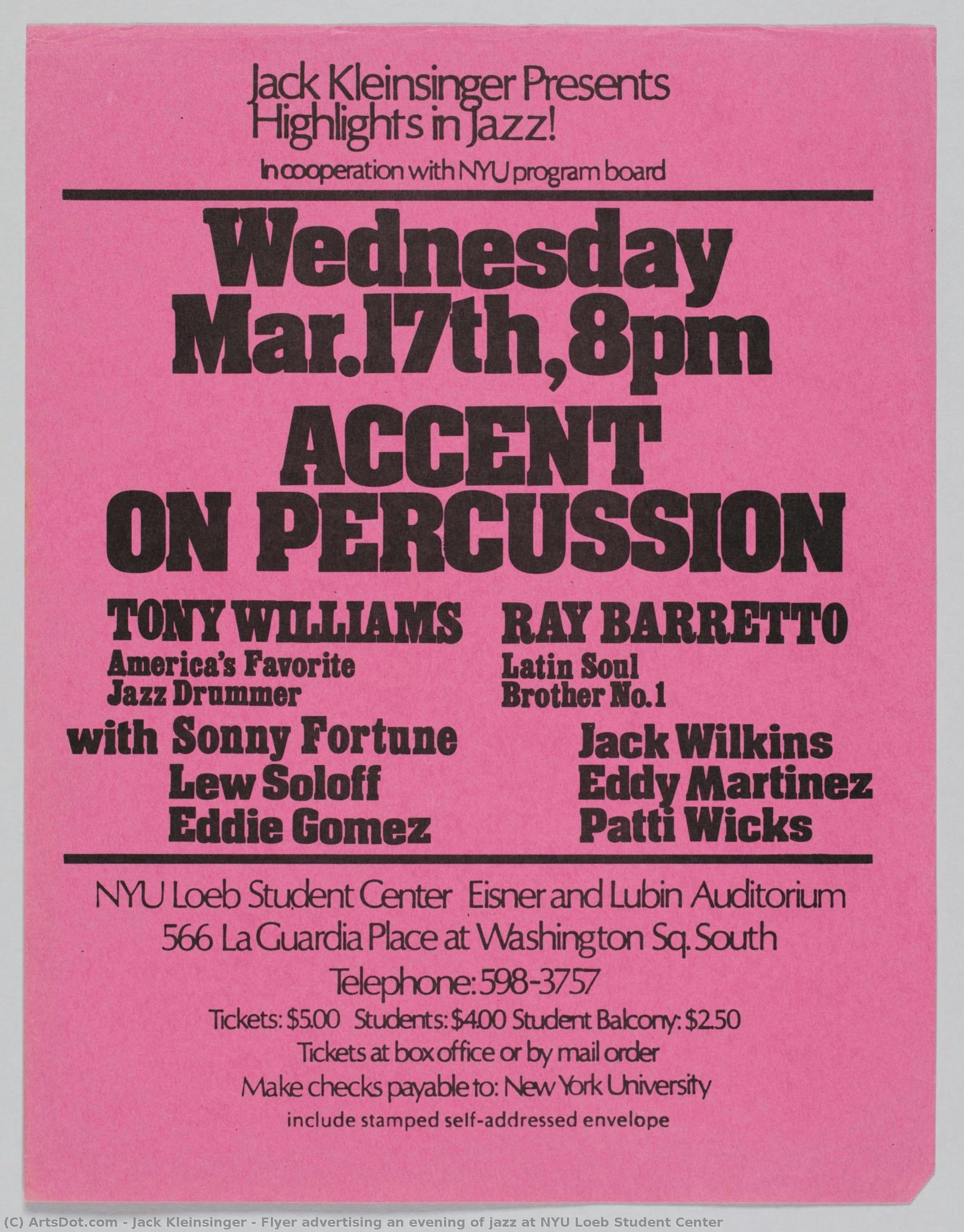 Flyer Advertising An Evening Of Jazz At Nyu Loeb Student Center — Jack Kleinsinger
