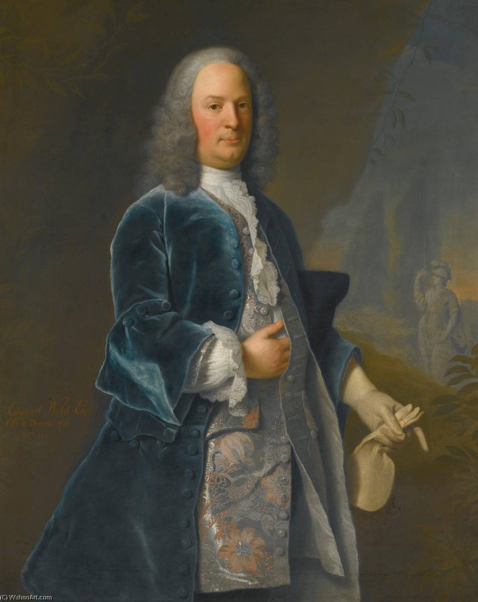 Portrait Of Edward Weld (1705 1761) Of Lulworth Castle, In A Garden, A Statue Of Minerva Beyond — Adriaen Carpentiers