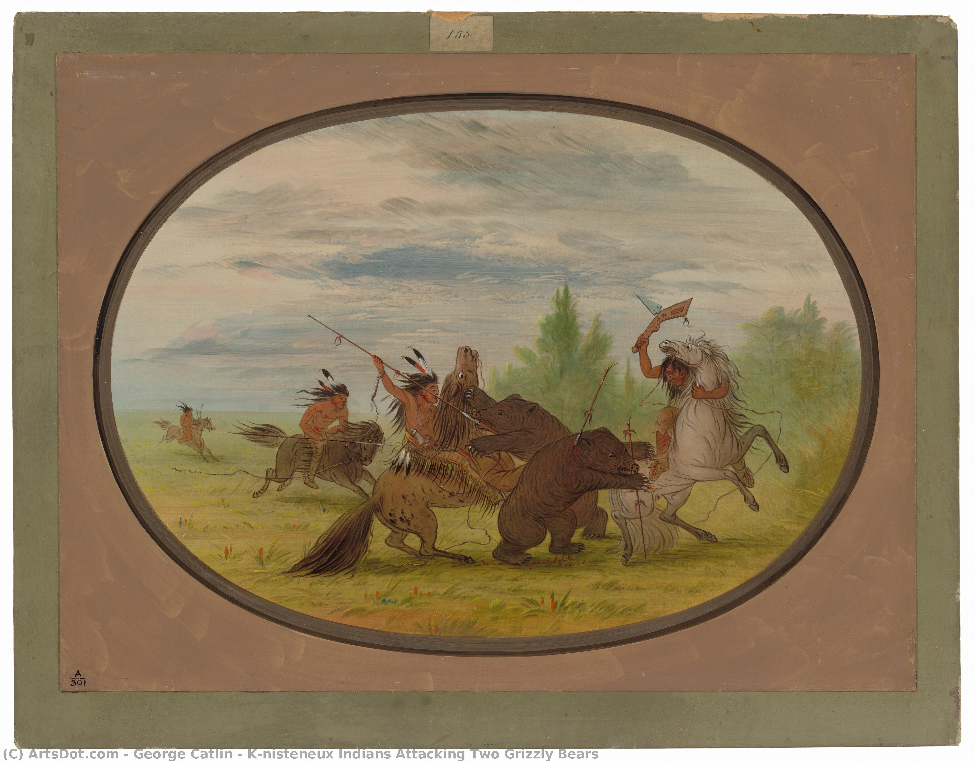K'nisteneux Indians Attacking Two Grizzly Bears — George Catlin