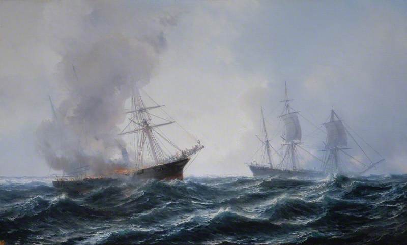 A Ship On Fire At Sea, Another Standing By — Jean Baptiste Henri Durand Brager
