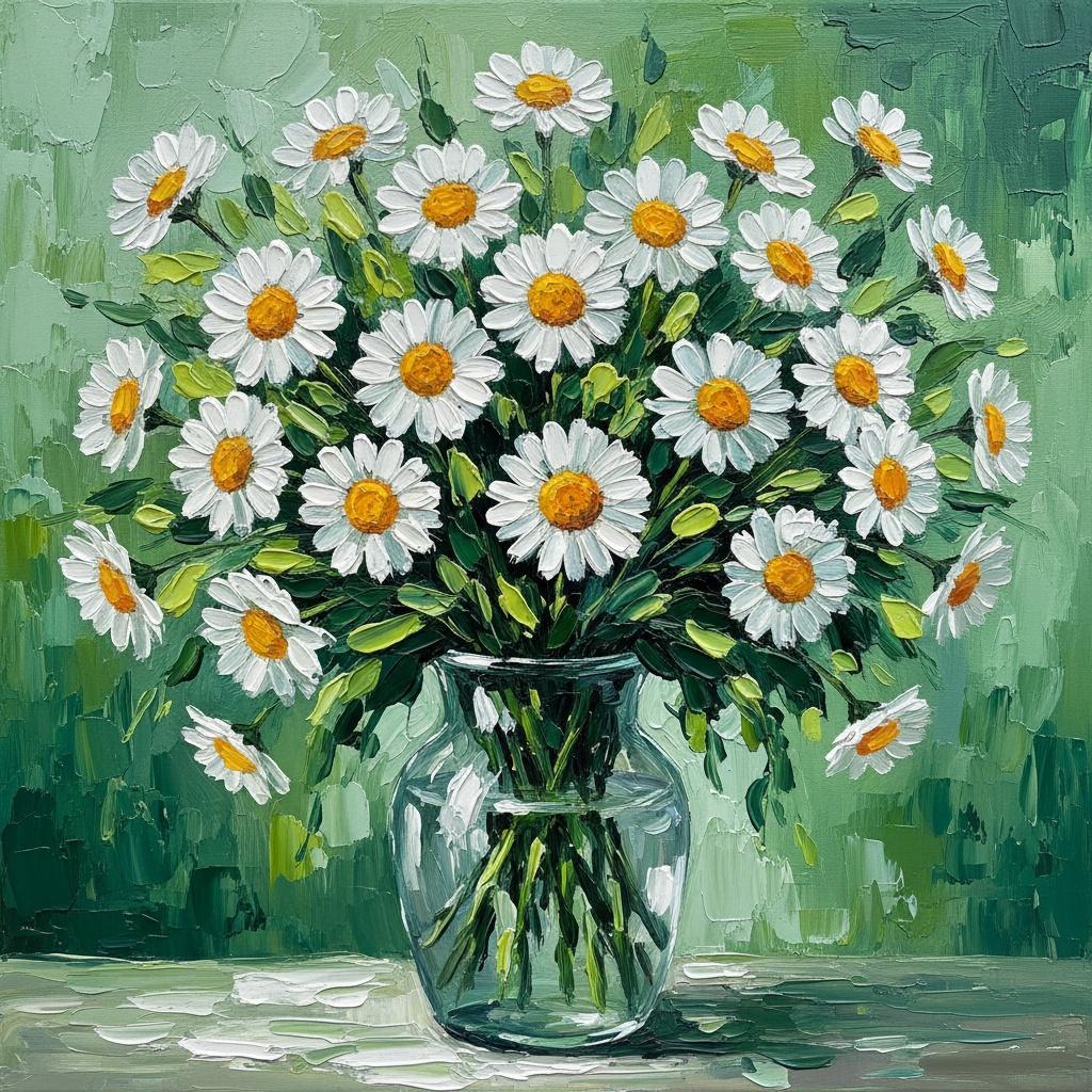 Strahlende Impasto-gänseblümchen In Einer Skulpturalen Studie Von Grünlicher Gelassenheit Und Licht — Christian Noiret